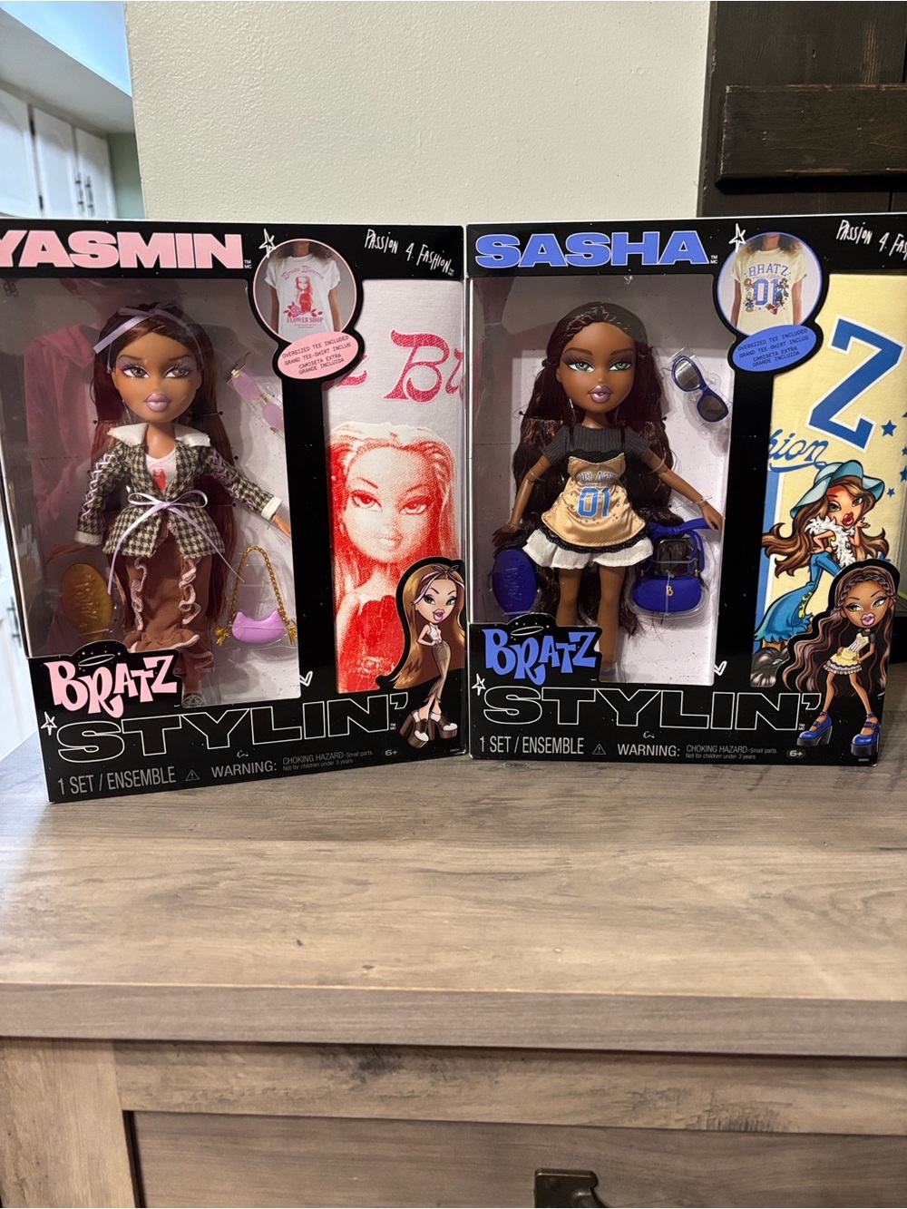 NIB MGA BRATZ Stylin' Sasha AND Yasmin Fashion Dolls EACH with BONUS Tee Shirt